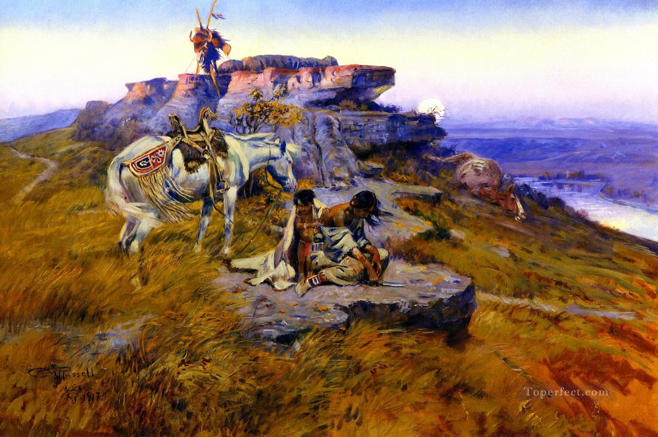 su corazón está en el suelo 1917 Charles Marion Russell Indios americanos Pintura al óleo